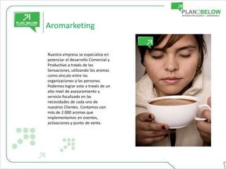 Aromarketing


Nuestra empresa se especializa en
potenciar el desarrollo Comercial y
Productivo a través de las
Sensaciones, utilizando los aromas
como vínculo entre las
organizaciones y las personas.
Podemos lograr esto a través de un
alto nivel de asesoramiento y
servicio focalizado en las
necesidades de cada uno de
nuestros Clientes. Contamos con
más de 2.000 aromas que
implementamos en eventos,
activaciones y punto de venta.
 
