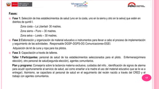 Fases:
 Fase 1: Selección de tres establecimientos de salud (uno en la costa, uno en la sierra y otro en la selva) que estén en
distritos de quintil I.
Zona costa – La Libertad- 30 madres.
Zona sierra – Puno – 30 madres.
Zona selva – Loreto – 30 madres.
 Fase 2:Elaboración y organización de material educativo e instrumentos para llevar a cabo el proceso de implementación
y seguimiento de las actividades . Responsable DGSP–DGPS-OG Comunicaciones-OGEI.
Adquisición de kit de cuna y ropa para los pilotos.
 Fase 3: Capacitación a través de talleres.
Taller 1:Participantes: personal de salud de los establecimientos seleccionados para el piloto. Enfermeras(primera
elección), otro personal de salud(segunda elección), agentes comunitarios.
Plan y programa: Consejería sobre la lactancia materna exclusiva, cuidados del niño , identificación de signos de alarma
para acudir oportunamente al servicio de salud, así como enseñar a la madre el uso del material educativo que se le va a
entregar). Asimismo, se capacitara al personal de salud en el seguimiento del recién nacido a través del CRED y el
trabajo con agentes comunitarios.
17
 