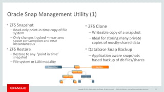Copyright © 2015, Oracle and/or its affiliates. All rights reserved. | Oracle Netherland
Oracle Snap Management Utility (3)
• ZFSSA server needs to be
registered in DNS
• Create Storage user for ZFSSA
• Create user server for DB server
• Create SMU Application
• Create Snapshot Backup
• Create Database Clone
• SMU works with:
– Online databases
– Image backup files
– Standby databases
– Issue with Temp files
 