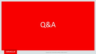 Copyright © 2015, Oracle and/or its affiliates. All rights reserved. |
Safe Harbor Statement
The preceding is intended to outline our general product direction. It is intended for
information purposes only, and may not be incorporated into any contract. It is not a
commitment to deliver any material, code, or functionality, and should not be relied
upon in making purchasing decisions. The development, release, and timing of any
features or functionality described for Oracle’s products remains at the sole discretion of
Oracle.
Note: The speaker notes for this slide include
instructions for when to use Safe Harbor
Statement slides.
Tip! Remember to remove this text box.
Oracle Netherland
 