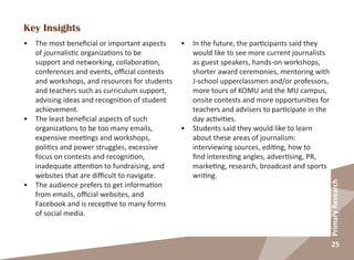 25
PrimaryResearch
Key Insights
•	 The most beneficial or important aspects
of journalistic organizations to be
support and networking, collaboration,
conferences and events, official contests
and workshops, and resources for students
and teachers such as curriculum support,
advising ideas and recognition of student
achievement.
•	 The least beneficial aspects of such
organizations to be too many emails,
expensive meetings and workshops,
politics and power struggles, excessive
focus on contests and recognition,
inadequate attention to fundraising, and
websites that are difficult to navigate.
•	 The audience prefers to get information
from emails, official websites, and
Facebook and is receptive to many forms
of social media.
•	 In the future, the participants said they
would like to see more current journalists
as guest speakers, hands-on workshops,
shorter award ceremonies, mentoring with
J-school upperclassmen and/or professors,
more tours of KOMU and the MU campus,
onsite contests and more opportunities for
teachers and advisers to participate in the
day activities.
•	 Students said they would like to learn
about these areas of journalism:
interviewing sources, editing, how to
find interesting angles, advertising, PR,
marketing, research, broadcast and sports
writing.
 