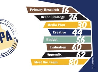 16
26
30
44
56
60
62
80 3
Contents
Brand Strategy
Primary Research
Media Plan
Creative
Budget
Appendix
Evaluation
Meet the Team
 