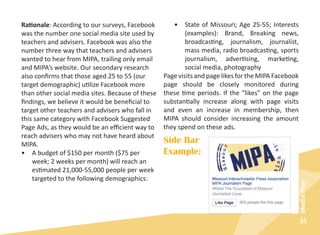 35
MediaPlan
•	 State of Missouri; Age 25-55; Interests
(examples): Brand, Breaking news,
broadcasting, journalism, journalist,
mass media, radio broadcasting, sports
journalism, advertising, marketing,
social media, photography
Page visits and page likes for the MIPA Facebook
page should be closely monitored during
these time periods. If the “likes” on the page
substantially increase along with page visits
and even an increase in membership, then
MIPA should consider increasing the amount
they spend on these ads.
Rationale: According to our surveys, Facebook
was the number one social media site used by
teachers and advisers. Facebook was also the
number three way that teachers and advisers
wanted to hear from MIPA, trailing only email
and MIPA’s website. Our secondary research
also confirms that those aged 25 to 55 (our
target demographic) utilize Facebook more
than other social media sites. Because of these
findings, we believe it would be beneficial to
target other teachers and advisers who fall in
this same category with Facebook Suggested
Page Ads, as they would be an efficient way to
reach advisers who may not have heard about
MIPA.
•	 A budget of $150 per month ($75 per
week; 2 weeks per month) will reach an
estimated 21,000-55,000 people per week
targeted to the following demographics:
Side Bar
Example:
 