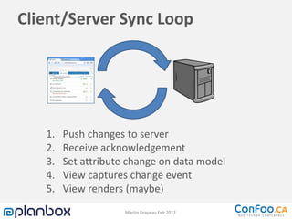 Client/Server Sync Loop




   1.   Push changes to server
   2.   Receive acknowledgement
   3.   Set attribute change on data model
   4.   View captures change event
   5.   View renders (maybe)
                     Martin Drapeau Feb 2012
 