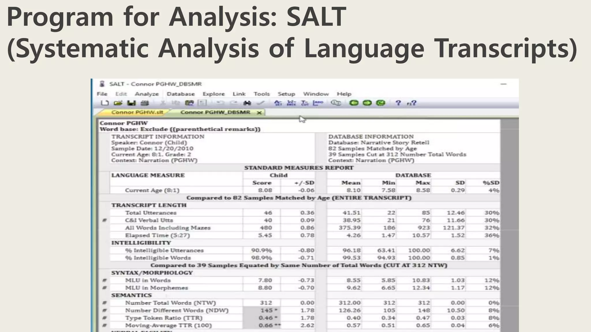 Program for Analysis: SALT
(Systematic Analysis of Language Transcripts)
 