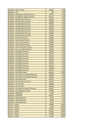 EspaÃ±a - Celular Yoigo
EspaÃ±a - Fijo

34622
34

EspaÃ±a - Fijo Balearic Islands Province

34971

EspaÃ±a - Fijo Balearic Islands Province

34871

EspaÃ±a - Fijo Barcelona Province

34932

EspaÃ±a - Fijo Barcelona Province

34934

EspaÃ±a - Fijo Barcelona Province

34935

EspaÃ±a - Fijo Barcelona Province

34936

EspaÃ±a - Fijo Barcelona Province

34931

EspaÃ±a - Fijo Barcelona Province

34937

EspaÃ±a - Fijo Barcelona Province

34938

EspaÃ±a - Fijo Barcelona Province

34933

EspaÃ±a - Fijo Cadiz Province

34956

EspaÃ±a - Fijo Cordoba Province

34957

EspaÃ±a - Fijo Cuenca Province

34969

EspaÃ±a - Fijo Granada Province

34958

EspaÃ±a - Fijo Las Palmas Province

34928

EspaÃ±a - Fijo Las Palmas Province

34828

EspaÃ±a - Fijo Madrid Province

34918

EspaÃ±a - Fijo Madrid Province

34917

EspaÃ±a - Fijo Madrid Province

34915

EspaÃ±a - Fijo Madrid Province

34914

EspaÃ±a - Fijo Madrid Province

34913

EspaÃ±a - Fijo Madrid Province

34912

EspaÃ±a - Fijo Madrid Province

34911

EspaÃ±a - Fijo Madrid Province

34916

EspaÃ±a - Fijo Malaga Province

34951

EspaÃ±a - Fijo National Rate

34902

EspaÃ±a - Fijo Santa Cruz Tenerife Province

34922

EspaÃ±a - Fijo Santa Cruz Tenerife Province

34822

EspaÃ±a - Fijo Shared Cost

34901

EspaÃ±a - Fijo Tarragona Province

34977

EspaÃ±a - Fijo Toll Free

34900

EspaÃ±a - Fijo Toll Free

34800

EspaÃ±a - Fijo Valencia Center Of Province

34961

EspaÃ±a - Fijo Zaragoza Province

34976

EspaÃ±a - PREMIUM

3480

EspaÃ±a - PREMIUM

34907

EspaÃ±a - Special Services

3470

EspaÃ±a - Special Services

3490

EspaÃ±a - Special Services

3451

Estonia - Celular

37285

Estonia - Celular

3725

Estonia - Celular

37281

Estonia - Celular

37282

Estonia - Celular

37284

Estonia - Celular

37283

$ 84
$ 42
$ 42
$ 42
$ 42
$ 42
$ 42
$ 42
$ 42
$ 42
$ 42
$ 42
$ 42
$ 42
$ 42
$ 42
$ 42
$ 42
$ 42
$ 42
$ 42
$ 42
$ 42
$ 42
$ 42
$ 42
$ 42
$ 385
$ 42
$ 42
$ 42
$ 42
$ 42
$ 42
$ 42
$ 42
$ 42
$ 42
$ 42
$ 42
$ 42
$ 665
$ 665
$ 665
$ 665
$ 665
$ 665

 