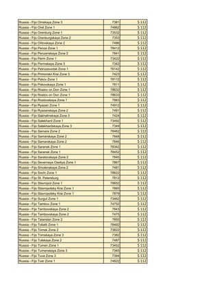 Russia - Fijo Omskaya Zone 3

7381

Russia - Fijo Orel Zone 1

74862

Russia - Fijo Orenburg Zone 1

73532

Russia - Fijo Orenburgskaya Zone 2

7353

Russia - Fijo Orlovskaya Zone 2

7486

Russia - Fijo Penza Zone 1
Russia - Fijo Penzenskaya Zone 2
Russia - Fijo Perm Zone 1
Russia - Fijo Permskaya Zone 3

78412
7841
73422
7342

Russia - Fijo Petrozavodsk Zone 1

78142

Russia - Fijo Primorskii Krai Zone 3

7423

Russia - Fijo Pskov Zone 1
Russia - Fijo Pskovskaya Zone 1

78112
7811

Russia - Fijo Rostov on Don Zone 1

78632

Russia - Fijo Rostov on Don Zone 1

78633

Russia - Fijo Rostovskaya Zone 1
Russia - Fijo Ryazan Zone 1

7863
74912

Russia - Fijo Ryazanskaya Zone 2

7491

Russia - Fijo Sakhalinskaya Zone 3

7424

Russia - Fijo Salekhard Zone 1
Russia - Fijo Salekhardskaya Zone 3
Russia - Fijo Samara Zone 2

73492
7349
78462

Russia - Fijo Samarskaya Zone 2

7848

Russia - Fijo Samarskaya Zone 2

7846

Russia - Fijo Saransk Zone 1

78342

Russia - Fijo Saransk Zone 1

78452

Russia - Fijo Saratovskaya Zone 2

7845

Russia - Fijo Severnaya Osetiya Zone 1

7867

Russia - Fijo Smolenskaya Zone 2
Russia - Fijo Sochi Zone 1
Russia - Fijo St. Petersburg
Russia - Fijo Stavropol Zone 1
Russia - Fijo Stavropolsky Krai Zone 1
Russia - Fijo Stavropolsky Krai Zone 1

7481
78622
7812
78652
7865
7879

Russia - Fijo Surgut Zone 1

73462

Russia - Fijo Tambov Zone 1

74752

Russia - Fijo Tambovskaya Zone 2

7843

Russia - Fijo Tambovskaya Zone 2

7475

Russia - Fijo Tatarstan Zone 2

7855

Russia - Fijo Toliatti Zone 1

78482

Russia - Fijo Tomsk Zone 2

73822

Russia - Fijo Tomskaya Zone 3

7382

Russia - Fijo Tulskaya Zone 2

7487

Russia - Fijo Tumen Zone 1

73452

Russia - Fijo Tumenskaya Zone 3

7345

Russia - Fijo Tuva Zone 3

7394

Russia - Fijo Tver Zone 1

74822

$ 112
$ 112
$ 112
$ 112
$ 112
$ 112
$ 112
$ 112
$ 112
$ 112
$ 112
$ 112
$ 112
$ 112
$ 112
$ 112
$ 112
$ 112
$ 112
$ 112
$ 112
$ 112
$ 112
$ 112
$ 112
$ 112
$ 112
$ 112
$ 112
$ 112
$ 112
$ 112
$ 112
$ 112
$ 112
$ 112
$ 112
$ 112
$ 112
$ 112
$ 112
$ 112
$ 112
$ 112
$ 112
$ 112
$ 112

 