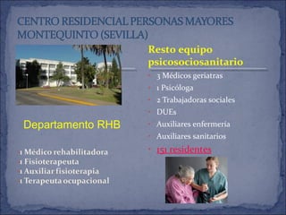 • 3 Médicos geriatras
• 1 Psicóloga
• 2 Trabajadoras sociales
• DUEs
• Auxiliares enfermería
• Auxiliares sanitarios
• 151 residentes
Resto equipo
psicosociosanitario
Departamento RHB
 