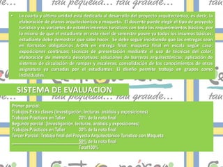 •   La cuarta y última unidad está dedicada al desarrollo del proyecto arquitectónico, es decir, la
    elaboración de planos arquitectónicos y maqueta. El docente puede elegir el tipo de proyecto
    turístico y su variantes de establecimientos turísticos con todo los requerimientos básicos, por
    lo mismo de que el estudiante en este nivel de semestre posee ya todos los insumos básicos;
    estudiante debe demostrar que sabe hacer. Se debe seguir insistiendo que las entregas sean
    en formatos obligatorios A-DIN en entrega final; maqueta final en escala según caso;
    exposiciones continuas; técnicas de presentación mediante el uso de técnicas del color;
    elaboración de memoria descriptivas; soluciones de barreras arquitectónicas; aplicación de
    sistemas de circulación de rampas y escaleras; consolidación de los conocimientos de otras
    asignatura ya cursadas por el estudiantes. El diseño permite trabajo en grupos como
    individuales.


    SISTEMA DE EVALUACION
Primer parcial:
Trabajos Extra clases (Investigación, lecturas, análisis y exposiciones)
Trabajos Prácticos en Taller         20% de la nota final
Segundo parcial: (Investigación, lecturas, análisis y exposiciones)
Trabajos Prácticos en Taller         30% de la nota final
Tercer Parcial: Trabajo final del Proyecto Arquitectónico Turístico con Maqueta
                                     50% de la nota final
                                     Total100%
 