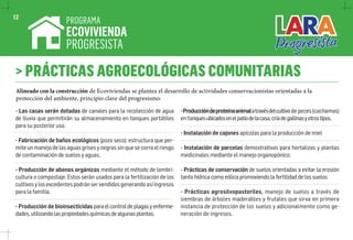 12 
> PRÁCTICAS AGROECOLÓGICAS COMUNITARIAS 
Alineado con la construcción de Ecoviviendas se plantea el desarrollo de actividades conservacionistas orientadas a la 
protección del ambiente, principio clave del progresismo: 
- Las casas serán dotadas de canales para la recolección de agua 
de lluvia que permitirán su almacenamiento en tanques portátiles 
para su posterior uso. 
- Fabricación de baños ecológicos (pozo seco): estructura que per-mite 
un manejo de las aguas grises y negras sin que se corra el riesgo 
de contaminación de suelos y aguas. 
- Producción de abonos orgánicos mediante el método de lombri-cultura 
o compostaje. Estos serán usados para la fertilización de los 
cultivos y los excedentes podrán ser vendidos generando así ingresos 
para la familia. 
- Producción de bioinsecticidas para el control de plagas y enferme-dades, 
utilizando las propiedades químicas de algunas plantas. 
- Producción de proteína animal a través del cultivo de peces (cachamas) 
en tanques ubicados en el patio de la casa, cría de gallinas y otros tipos. 
- Instalación de cajones apícolas para la producción de miel 
- Instalación de parcelas demostrativas para hortalizas y plantas 
medicinales mediante el manejo organopónico. 
- Prácticas de conservación de suelos orientadas a evitar la erosión 
tanto hídrica como eólica promoviendo la fertilidad de los suelos 
- Prácticas agrosilvopastoriles, manejo de suelos a través de 
siembras de árboles maderables y frutales que sirva en primera 
instancia de protección de los suelos y adicionalmente como ge-neración 
de ingresos. 
PROGRAMA 
ECOVIVIENDA 
PROGRESISTA 
 