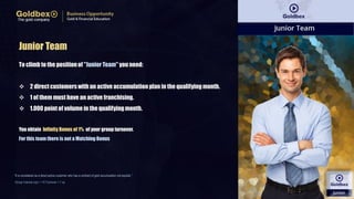 Junior Team
To climb to the positionof "Junior Team" you need:
 2 directcustomerswith an active accumulation plan in the qualifying month.
 1 of them must have an active franchising.
 1.000 point of volume in the qualifyingmonth.
You obtain Infinity Bonus of 1% of your group turnover.
For this team there is not a Matching Bonus
“It is considered as a direct active customer who has a contract of gold accumulation not expired..”
Group Volume (vp) = 1 € Turnover = 1 vp
 