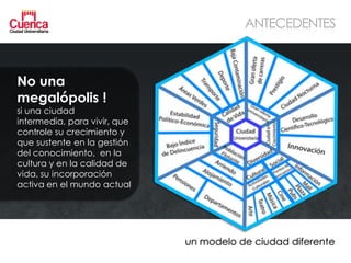 ANTECEDENTES



No una
megalópolis !
si una ciudad
intermedia, para vivir, que
controle su crecimiento y
que sustente en la gestión
del conocimiento, en la
cultura y en la calidad de
vida, su incorporación
activa en el mundo actual




                              un modelo de ciudad diferente
 
