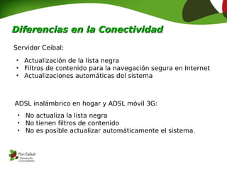 Diferencias en la Conectividad
Servidor Ceibal:
 ●
     Actualización de la lista negra
 ●
     Filtros de contenido para la navegación segura en Internet
 ●
     Actualizaciones automáticas del sistema



ADSL inalámbrico en hogar y ADSL móvil 3G:
 ●
     No actualiza la lista negra
 ●
     No tienen filtros de contenido
 ●
     No es posible actualizar automáticamente el sistema.
 