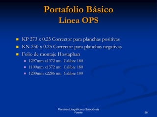 98
Planchas Litográficas y Solución de
Fuente
 KP 273 x 0.25 Corrector para planchas positivas
 KN 250 x 0.25 Corrector para planchas negativas
 Folio de montaje Hostaphan
 1297mm x1372 mt. Calibre 180
 1100mm x1372 mt. Calibre 180
 1200mm x2286 mt. Calibre 100
Portafolio Básico
Línea OPS
 