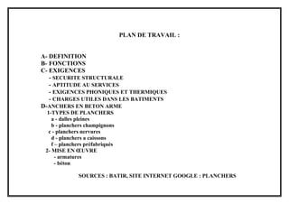 PLAN DE TRAVAIL :
A- DEFINITION
B- FONCTIONS
C- EXIGENCES
- SECURITE STRUCTURALE
- APTITUDE AU SERVICES
- EXIGENCES PHONIQUES ET THERMIQUES
- CHARGES UTILES DANS LES BATIMENTS
D-ANCHERS EN BETON ARME
1-TYPES DE PLANCHERS
a - dalles pleines
b - planchers champignons
c - planchers nervures
d - planchers a caissons
f – planchers préfabriqués
2- MISE EN ŒUVRE
- armatures
- béton
SOURCES : BATIR, SITE INTERNET GOOGLE : PLANCHERS
 