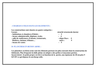 - CHARGES UTILES DANS LES BATIMENTS :
Les constructions sont classées en quatre catégories :
Locaux sécurité structurale (kn/m)
- habitations et chambres d’hôtels : - 2
- locaux administratifs, hôpitaux, écoles - 4
- salle de conférences, d’attente, restaurants, - sièges fixes : 4
Théâtres, cinémas, tribunes… autre : 5
- locaux de ventes - 5
D- PLANCHER EN BETON ARME :
Les planchers en béton arme sont des éléments porteurs les plus courants dans la construction de
bâtiments. Plus fréquente la dalle pleine est adapte a des petites et moyennes portées.
Inconvénient : le poids propre est élevé en fonction de la portée, une épaisseur de 20 cm pèse 5
KN/M² ce qui dépasse la surcharge utile.
 