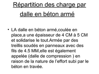 Répartition des charge par
dalle en béton armé
• LA dalle en béton armé,coulée en
place,a une épaisseur de 4 CM à 5 CM
et solidarise le tout.Armée par des
treillis soudés en panneaux avec des
fils de 4.5 MM,elle est également
appelée (dalle de compression ) en
raison de la nature de l’effort subi par le
béton en travée.
 
