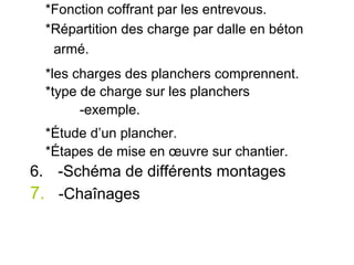 *Fonction coffrant par les entrevous.
*Répartition des charge par dalle en béton
armé.
*les charges des planchers comprennent.
*type de charge sur les planchers
-exemple.
*Étude d’un plancher.
*Étapes de mise en œuvre sur chantier.
6. -Schéma de différents montages
7. -Chaînages
 
