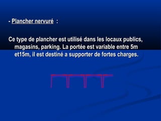 -- Plancher nervuréPlancher nervuré : :
Ce type de plancher est utilisé dans les locaux publics,Ce type de plancher est utilisé dans les locaux publics,
magasins, parking. La portée est variable entre 5mmagasins, parking. La portée est variable entre 5m
et15m, il est destiné a supporter de fortes charges.et15m, il est destiné a supporter de fortes charges.
 