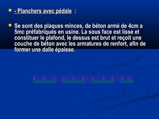  - Planchers avec pédale- Planchers avec pédale : :
 Se sont des plaques minces, de béton armé de 4cm aSe sont des plaques minces, de béton armé de 4cm a
5mc préfabriqués en usine. La sous face est lisse et5mc préfabriqués en usine. La sous face est lisse et
constituer le plafond, le dessus est brut et reçoit uneconstituer le plafond, le dessus est brut et reçoit une
couche de béton avec les armatures de renfort, afin decouche de béton avec les armatures de renfort, afin de
former une dalle épaisse.former une dalle épaisse.
 