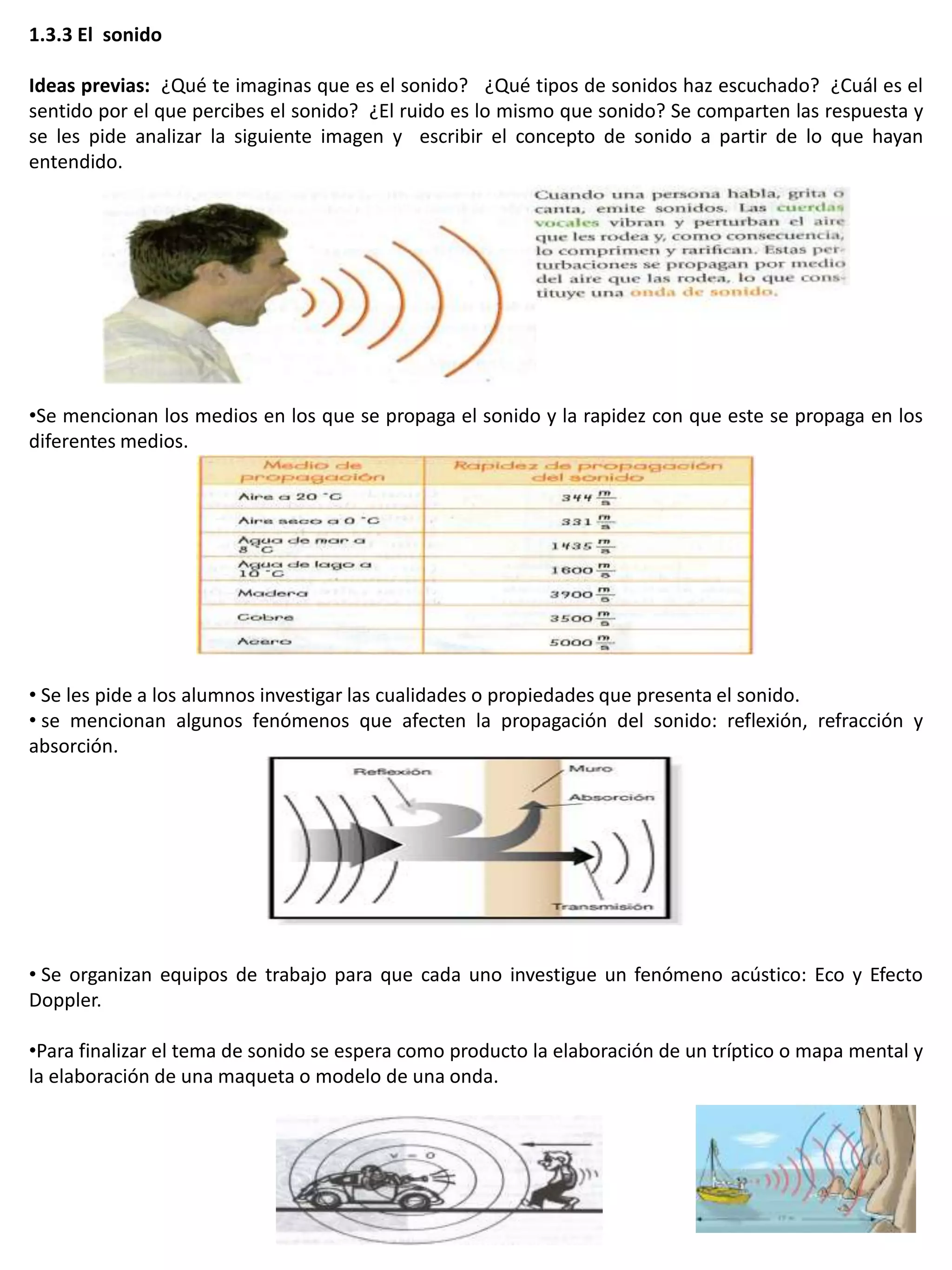 1.3.3 El sonido

Ideas previas: ¿Qué te imaginas que es el sonido? ¿Qué tipos de sonidos haz escuchado? ¿Cuál es el
sentido por el que percibes el sonido? ¿El ruido es lo mismo que sonido? Se comparten las respuesta y
se les pide analizar la siguiente imagen y escribir el concepto de sonido a partir de lo que hayan
entendido.




•Se mencionan los medios en los que se propaga el sonido y la rapidez con que este se propaga en los
diferentes medios.




• Se les pide a los alumnos investigar las cualidades o propiedades que presenta el sonido.
• se mencionan algunos fenómenos que afecten la propagación del sonido: reflexión, refracción y
absorción.




• Se organizan equipos de trabajo para que cada uno investigue un fenómeno acústico: Eco y Efecto
Doppler.

•Para finalizar el tema de sonido se espera como producto la elaboración de un tríptico o mapa mental y
la elaboración de una maqueta o modelo de una onda.
 