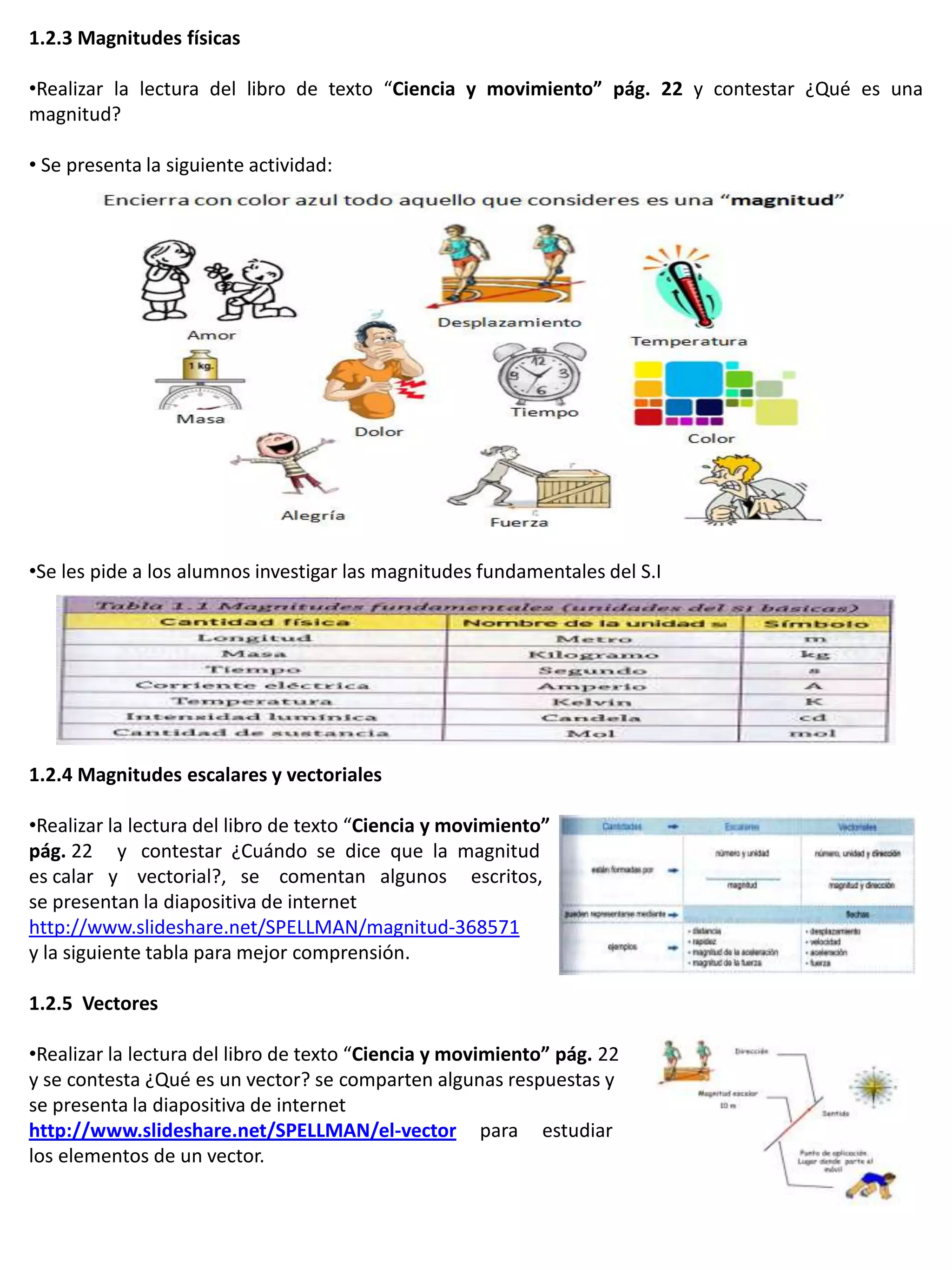 1.2.3 Magnitudes físicas

•Realizar la lectura del libro de texto “Ciencia y movimiento” pág. 22 y contestar ¿Qué es una
magnitud?

• Se presenta la siguiente actividad:




•Se les pide a los alumnos investigar las magnitudes fundamentales del S.I




1.2.4 Magnitudes escalares y vectoriales

•Realizar la lectura del libro de texto “Ciencia y movimiento”
pág. 22 y contestar ¿Cuándo se dice que la magnitud
es calar y vectorial?, se comentan algunos escritos,
se presentan la diapositiva de internet
http://www.slideshare.net/SPELLMAN/magnitud-368571
y la siguiente tabla para mejor comprensión.

1.2.5 Vectores

•Realizar la lectura del libro de texto “Ciencia y movimiento” pág. 22
y se contesta ¿Qué es un vector? se comparten algunas respuestas y
se presenta la diapositiva de internet
http://www.slideshare.net/SPELLMAN/el-vector para estudiar
los elementos de un vector.
 