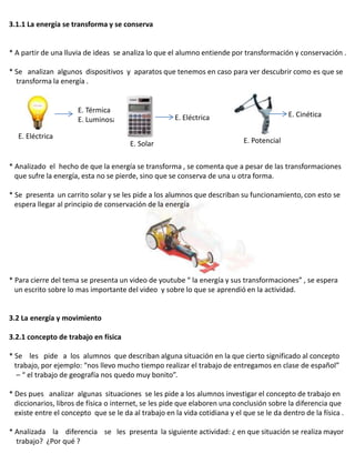 3.1.1 La energía se transforma y se conserva


* A partir de una lluvia de ideas se analiza lo que el alumno entiende por transformación y conservación .

* Se analizan algunos dispositivos y aparatos que tenemos en caso para ver descubrir como es que se
  transforma la energía .


                      E. Térmica
                                                      E. Eléctrica                          E. Cinética
                      E. Luminosa

   E. Eléctrica
                                        E. Solar                             E. Potencial


* Analizado el hecho de que la energía se transforma , se comenta que a pesar de las transformaciones
  que sufre la energía, esta no se pierde, sino que se conserva de una u otra forma.

* Se presenta un carrito solar y se les pide a los alumnos que describan su funcionamiento, con esto se
  espera llegar al principio de conservación de la energía




* Para cierre del tema se presenta un video de youtube “ la energía y sus transformaciones” , se espera
  un escrito sobre lo mas importante del video y sobre lo que se aprendió en la actividad.


3.2 La energía y movimiento

3.2.1 concepto de trabajo en física

* Se les pide a los alumnos que describan alguna situación en la que cierto significado al concepto
  trabajo, por ejemplo: “nos llevo mucho tiempo realizar el trabajo de entregamos en clase de español”
   – “ el trabajo de geografía nos quedo muy bonito”.

* Des pues analizar algunas situaciones se les pide a los alumnos investigar el concepto de trabajo en
  diccionarios, libros de física o internet, se les pide que elaboren una conclusión sobre la diferencia que
  existe entre el concepto que se le da al trabajo en la vida cotidiana y el que se le da dentro de la física .

* Analizada la diferencia se les presenta la siguiente actividad: ¿ en que situación se realiza mayor
  trabajo? ¿Por qué ?
 