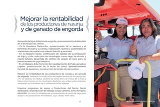PROSPERIDAD ECONÓMICA Y EMPLEO17
demandadeAgro-Industriadeengordayprocesamientoestablecidas
en el municipio de Tamuín.
• En la Huasteca Centro-Sur, modernización de la siembra y el
beneficio del café y la vainilla; explotación racional y sustentable de
maderables de rápido crecimiento (bambú y paulonia).
• En el Altiplano Oeste, certificación de calidad de la producción
de frijol y chile; inducción de tecnologías como riego localizado y
macro-túneles; desarrollo de centros de acopio de tuna para su
procesamiento en jugo aséptico.
• En el Altiplano Este, fomento del repoblamiento del hato ganadero
caprino, pasteurización de la leche de cabra, aprovechamiento
forestal de pastoreo y construcción de bordos de abrevadero.
Mejorar la rentabilidad de los productores de naranja y de ganado
de engorda, mediante la certificación del origen-destino de sus productos,
a fin de alcanzar el estatus sanitario de zonas libres de mosca de la fruta y
tuberculosis bovina en los municipios afectados por ambas enfermedades,
rompiendo así la frontera de la comercialización regional.
Impulsar programas de apoyo a Productores del Sector Social
dedicadosalaproduccióndecebada,sorgo,cártamo,avenaforrajera,
piloncillo, así como la rehabilitación y equipamiento de pozos de riego para
apoyar a los productores de hortalizas, soya, alfalfa, entre otros.
PROSPERIDAD ECONÓMICA Y EMPLEO
 