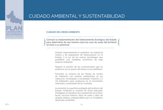 24EJE 2
CUIDADO DEL MEDIO AMBIENTE.
Concluir la implementación del Ordenamiento Ecológico del Estado
para determinar de una manera clara los usos de suelo del territorio
en base a su potencial.
Analizar especialmente la superficie con potencial
minero y de explotación de hidrocarburos en el
Estado, a la luz de las nuevas tecnologías que
posibilitan una viabilidad económica de bajo
impacto ambiental.
Regular la emisión de los contaminantes que se
producen con la quema de llantas en las ladrilleras.
Fomentar la creación de los Planes de Centro
de Población con criterios ambientales en las
cabeceras municipales y localidades mayores a 2
mil habitantes, para coadyuvar en el crecimiento
ordenado y sustentable de las ciudades.
Incrementar la superficie protegida del territorio del
Estado, mediante la creación de Áreas Naturales
Protegidas en beneficio de la protección de la flora,
fauna, recursos hídricos, tipos de suelo y sitios de
singular belleza, indispensables para un verdadero
desarrollo sostenible.
CUIDADO AMBIENTAL Y SUSTENTABILIDAD
 