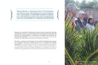CUIDADO AMBIENTAL Y SUSTENTABILIDAD25
Realizar el Inventario Forestal para determinar el potencial forestal
del Estado y lograr su aprovechamiento sustentable en beneficio de
cientos de comunidades, y mantener una política permanente de
educación ambiental a través de campañas de reforestación continuas de
acuerdo a los diferentes ecosistemas: Un Potosino, Un Árbol.
Reactivar y Apoyar los Consejos de Consulta Ciudadana para lograr
un verdadero canal de comunicación con la sociedad en materia
ambiental: El Consejo Estatal Forestal, el Consejo Estatal de Vida Silvestre,
el Consejo de Cambio Climático, el Consejo de Desarrollo Sustentable, el
Consejo Estatal de Áreas Naturales Protegidas, Los Consejos de Cuenca y
Comités de Agua Subterránea de todos los Acuíferos del estado, entre otros.
CUIDADO AMBIENTAL Y SUSTENTABILIDAD
 