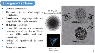 Emergence/E8 Theory
• Unifies all Interactions
• The basic units are called simplices
(Tetrahedra).
• Quasicrystal: Long range order but
not periodic like regular crystals.
• E8 Lattice (8D Crystal)
• It has 240 vertices and accurately
corresponds to all particles and forces
in our (3D) reality and their
interactions.
• Derived 3D quasicrystal is more
complex.
• Research is ongoing
9
8D Crystal
Represented here in 2D
Tetrahedron
Planck length
 