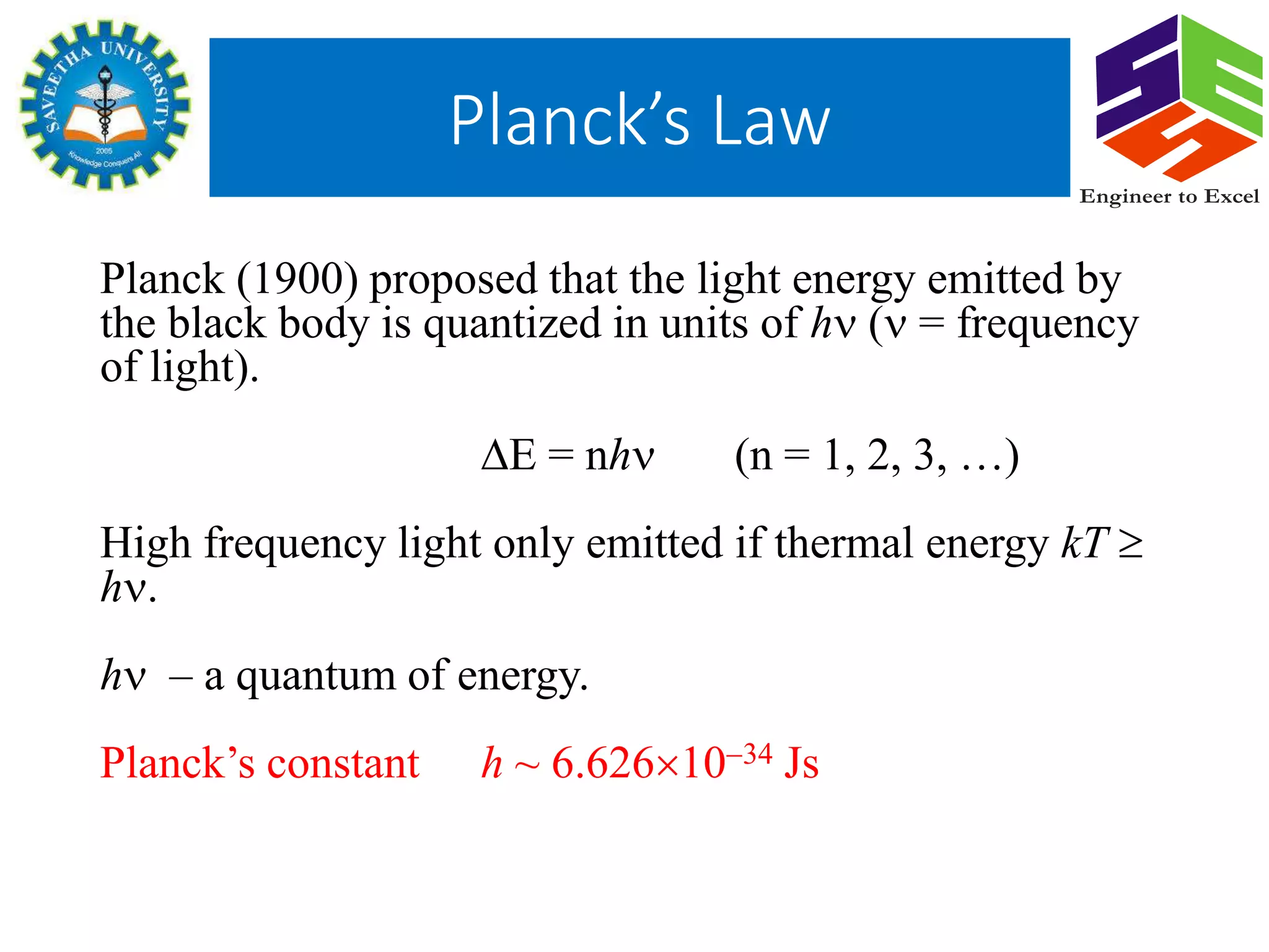 Planck (1900) proposed that the light energy emitted by
the black body is quantized in units of h ( = frequency
of light).
E = nh (n = 1, 2, 3, …)
High frequency light only emitted if thermal energy kT 
h.
h – a quantum of energy.
Planck’s constant h ~ 6.6261034 Js
Planck’s Law
Engineer to Excel
 