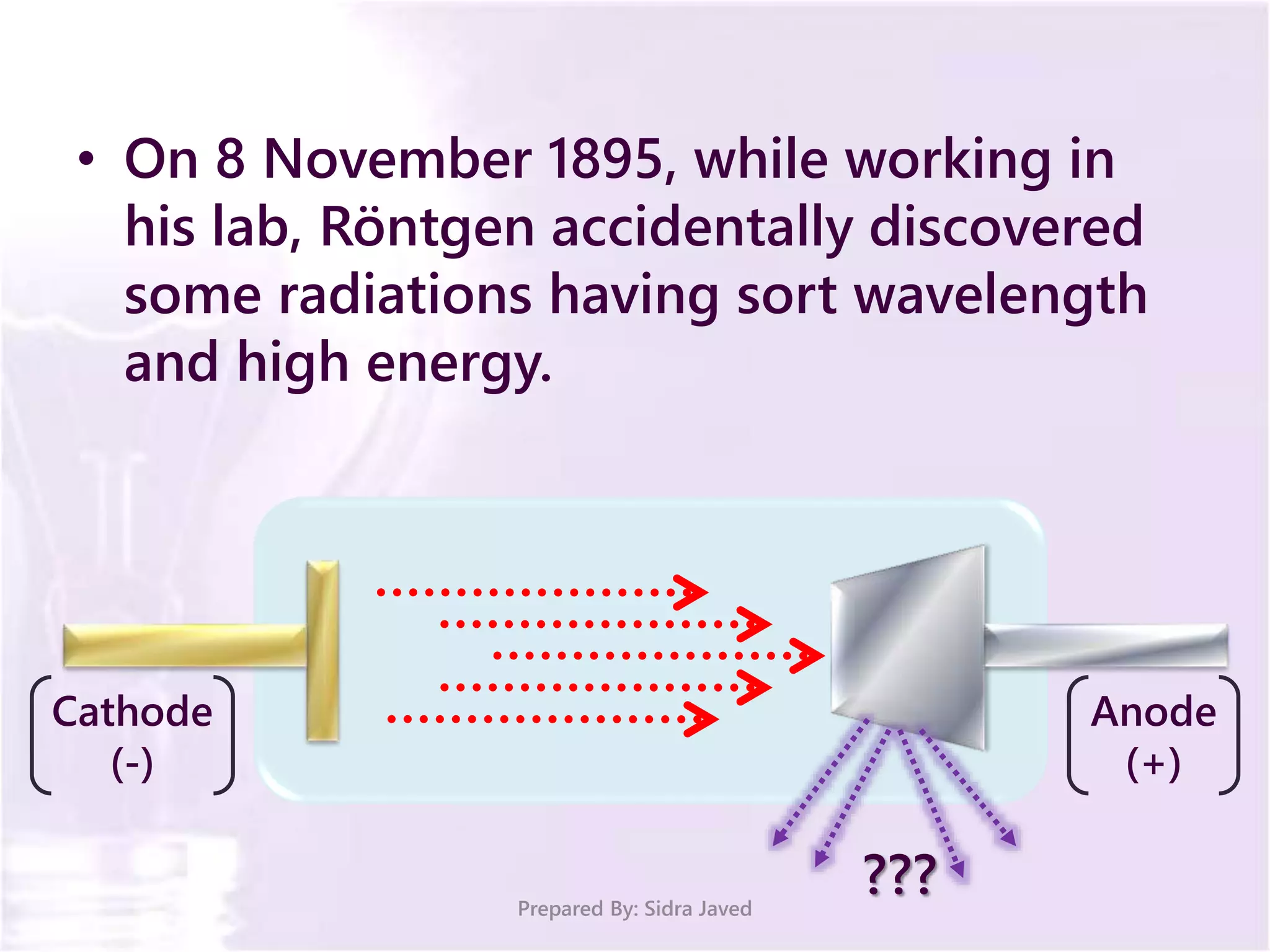 • On 8 November 1895, while working in
his lab, Röntgen accidentally discovered
some radiations having sort wavelength
and high energy.
Prepared By: Sidra Javed
Cathode
(-)
Anode
(+)
???
 