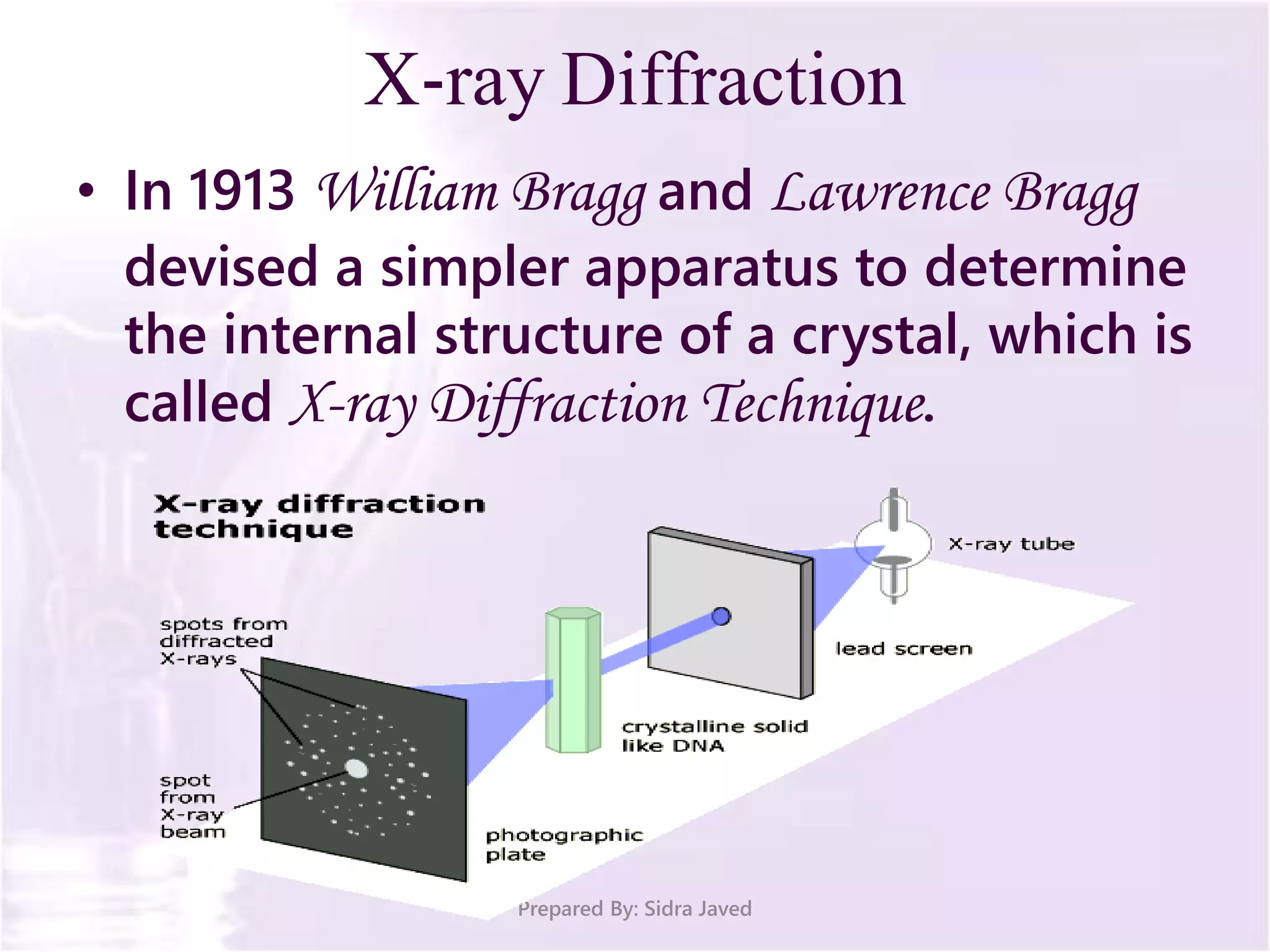 X-ray Diffraction
• In 1913 William Bragg and Lawrence Bragg
devised a simpler apparatus to determine
the internal structure of a crystal, which is
called X-ray Diffraction Technique.
Prepared By: Sidra Javed
 
