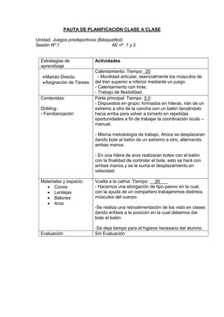 PAUTA DE PLANIFICACIÓN CLASE A CLASE
Unidad: Juegos predeportivos (Básquetbol)
Sesión Nº:1 AE nº: 1 y 2
Estrategias de
aprendizaje
Actividades
Mando Directo
Asignación de Tareas
Calentamiento: Tiempo:_20
- Movilidad articular, esencialmente los músculos de
del tren superior e inferior mediante un juego.
- Calentamiento con trote.
- Trabajo de flexibilidad.
Contenidos:
Dribling:
- Familiarización
Parte principal: Tiempo: 5 0
- Dispuestos en grupo; formados en hileras, irán de un
extremo a otro de la cancha con un balón lanzándolo
hacia arriba para volver a tomarlo en repetidas
oportunidades a fin de trabajar la coordinación óculo –
manual.
- Misma metodología de trabajo, Ahora se desplazaran
dando bote al balón de un extremo a otro, alternando
ambas manos.
- En una hilera de aros realizaran botes con el balón
con la finalidad de controlar el bote, esto se hará con
ambas manos y se le suma el desplazamiento en
velocidad.
Materiales y espacio:
Conos
Lentejas
Balones
Aros
Vuelta a la calma: Tiempo: __20___
- Hacemos una elongación de tipo pasivo en la cual,
con la ayuda de un compañero trabajaremos distintos
músculos del cuerpo.
-Se realiza una retroalimentación de los visto en clases
dando énfasis a la posición en la cual debemos dar
bote al balón
-Se deja tiempo para el higiene necesario del alumno.
Evaluación: Sin Evaluación
 