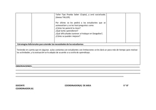 Taller Tipo Prueba Saber (Copia), y será socializado.
(Anexo TALLER).
Por último se les pedirá a los estudiantes que se
autoevalúen y se les hará preguntas como:
¿Cómo les pareció la clase?
¿Qué tanto aprendieron?
¿Qué dificultades tuvieron al trabajar en Geogebra?,
¿Cómo se pueden mejorar?
Estrategias Adicionales para atender las necesidades de los estudiantes
Teniendo en cuenta que en algunas aulas contamos con estudiantes con limitaciones se les dará un poco más de tiempo para realizar
las actividades, y la evaluación se le adapta de acuerdo a su estilo de aprendizaje.
OBSERVACIONES:_________________________________________________________________________________________________
________________________________________________________________________________________________________________
________________________________________________________________________________________________________________
_________________________________________________________________________________________________
DOCENTE COORDINADOR(A) DE AREA V° B°
COORDINADOR (A)
 