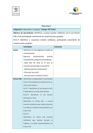 Plan clase 1 
Asignatura: Matemática y Lenguaje Tiempo: 90’ Fecha: 
Objetivo de Aprendizaje: Identificar y asociar eventos cotidianos con el uso horario 
A.M y P.M, participando activamente de conversaciones grupales. 
N.E.E.P: Identificar y secuenciar eventos cotidianos, participando activamente de 
conversaciones grupales. 
Actividades Evaluación 
Inicio Identifican el reloj digital por medio de 
una proyección. 
Expresan conocimientos previos 
respondiendo preguntas orientadoras; 
-¿Qué tipo de reloj es el que se 
encuentra proyectado en la pizarra? 
-¿Dónde podemos encontrarlos? 
-¿Para qué nos sirve? 
-¿De qué creen se tratará la clase? 
Desarrollo Identifican y comprender el uso horario 
A.M y P.M mediante la confección de un 
reloj multi horario. 
N.E.E.T: Identifican el uso horario A.M y 
P.M pintando un reloj multi horario. 
N.E.E.P: Identifican el uso horario 
pintando un reloj. 
Identifican en forma oral y escrita 
eventos cotidianos que realizan durante 
la mañana y la tarde relacionándolos con 
A.M y P.M. 
N.E.E.T: 
Identifican en forma oral eventos 
cotidianos que realizan durante la 
mañana y la tarde relacionándolos con 
A.M y P.M. 
 