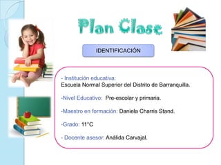 IDENTIFICACIÓN



- Institución educativa:
Escuela Normal Superior del Distrito de Barranquilla.

-Nivel Educativo: Pre-escolar y primaria.

-Maestro en formación: Daniela Charris Stand.

-Grado: 11°C

- Docente asesor: Análida Carvajal.
 