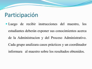 Participación 
 Luego de recibir instrucciones del maestro, los 
estudiantes deberán exponer sus conocimientos acerca 
de la Administracion y del Proceso Administrativo. 
Cada grupo analizara casos prácticos y un coordinador 
informara al maestro sobre los resultados obtenidos. 
 