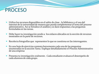 PROCESO 
 Utiliza los recursos disponibles en el salón de clase , la biblioteca y el uso del 
internet de la universidad de manera que pueda complementar el tema del proceso 
administrativo. Así se fortalece el análisis y se dará respuestas a las preguntas 
formuladas en las tareas. 
 Debe hacer tu investigación yendo a los enlaces ubicados en la sección de recursos 
mostrados en la parte de recursos. 
 Recolecta fotografías que representen lo que se cuestiona en las interrogantes. 
 En una hoja de ejercicios contesta brevemente cada una de las preguntas 
enumeradas en la sección Tarea. Explique detalladamente el Proceso Administrativo 
de una empresa 
 Presenta tu investigación oralmente . Cada estudiante evaluara el desempeño de 
cada alumnos de cada grupo. 
 