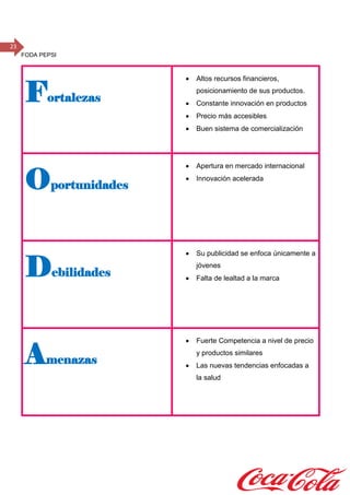 23
FODA PEPSI
Fortalezas
 Altos recursos financieros,
posicionamiento de sus productos.
 Constante innovación en productos
 Precio más accesibles
 Buen sistema de comercialización
Oportunidades
 Apertura en mercado internacional
 Innovación acelerada
Debilidades
 Su publicidad se enfoca únicamente a
jóvenes
 Falta de lealtad a la marca
Amenazas
 Fuerte Competencia a nivel de precio
y productos similares
 Las nuevas tendencias enfocadas a
la salud
 
