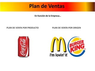 Plan de Ventas
En función de la Empresa…

PLAN DE VENTA POR PRODUCTO

PLAN DE VENTA POR ORIGEN

 