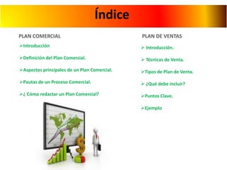 Índice
PLAN COMERCIAL

PLAN DE VENTAS

Introducción

 Introducción.

Definición del Plan Comercial.

 Técnicas de Vent...