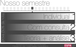 SP
Planejamento de Comunicação II - Ago’13
7º Semestre CSO - Aula 1: Contrato Pedagógico
André Ursulino 
aursulino@espm.br
1
Nosso semestre
05/08 12/08 19/08 26/08 02/09 09/09 16/09 23/09 30/09 07/10 14/10 21/10 28/10 04/11 11/11 18/11 25/11 02/12 09/12
2 3 4 5 6 7 - 8 9 10 11 13 14 15 16 17 1812
prova(50%danota)
1Individual
Com consulta2
Teoria + análise3
 