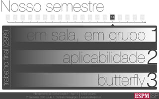 SP
Planejamento de Comunicação II - Ago’13
7º Semestre CSO - Aula 1: Contrato Pedagógico
André Ursulino 
aursulino@espm.br
1
Nosso semestre
05/08 12/08 19/08 26/08 02/09 09/09 16/09 23/09 30/09 07/10 14/10 21/10 28/10 04/11 11/11 18/11 25/11 02/12 09/12
2 3 4 5 6 7 - 8 9 10 11 13 14 15 16 17 1812
trabalhoﬁnal(29%)
1em sala, em grupo
2
butterﬂy3
aplicabilidade
 
