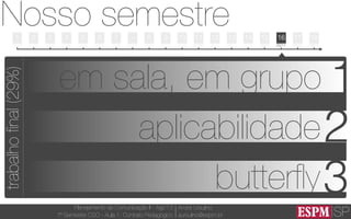 SP
Planejamento de Comunicação II - Ago’13
7º Semestre CSO - Aula 1: Contrato Pedagógico
André Ursulino 
aursulino@espm.br
1
Nosso semestre
05/08 12/08 19/08 26/08 02/09 09/09 16/09 23/09 30/09 07/10 14/10 21/10 28/10 04/11 11/11 18/11 25/11 02/12 09/12
2 3 4 5 6 7 - 8 9 10 11 13 14 15 16 17 1812
1em sala, em grupo
2
butterﬂy3
aplicabilidade
trabalhoﬁnal(29%)
 
