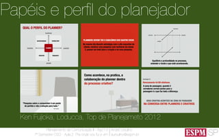 SP
Planejamento de Comunicação II - Ago’13
7º Semestre CSO - Aula 2: Pra onde vou fui e vim
André Ursulino 
aursulino@espm.br
Papéis e perﬁl do planejador
Ken Fujioka, Loducca, Top de Planejameto 2012
 