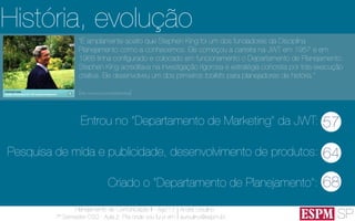 SP
Planejamento de Comunicação II - Ago’13
7º Semestre CSO - Aula 2: Pra onde vou fui e vim
André Ursulino 
aursulino@espm.br
“É amplamente aceito que Stephen King foi um dos fundadores da Disciplina
Planejamento como a conhecemos. Ele começou a carreira na JWT em 1957 e em
1968 tinha ​​conﬁgurado e colocado em funcionamento o Departamento de Planejamento.
Stephen King acreditava na investigação rigorosa e estratégia concreta por trás execução
criativa. Ele desenvolveu um dos primeiros toolkits para planejadores de história.”
(http://www.jwt.com/stephenking)
História, evolução
Entrou no “Departamento de Marketing” da JWT:
Pesquisa de mída e publicidade, desenvolvimento de produtos:
Criado o “Departamento de Planejamento”:
57
64
68
 