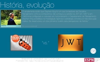 SP
Planejamento de Comunicação II - Ago’13
7º Semestre CSO - Aula 2: Pra onde vou fui e vim
André Ursulino 
aursulino@espm.br
“É amplamente aceito que Stephen King foi um dos fundadores da Disciplina
Planejamento como a conhecemos. Ele começou a carreira na JWT em 1957 e em
1968 tinha ​​conﬁgurado e colocado em funcionamento o Departamento de Planejamento.
Stephen King acreditava na investigação rigorosa e estratégia concreta por trás execução
criativa. Ele desenvolveu um dos primeiros toolkits para planejadores de história.”
(http://www.jwt.com/stephenking)
História, evolução
68
“vs.”
 