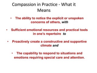 Compassion in Practice - What it
Means
• The ability to notice the explicit or unspoken
concerns of others, with
• Suffici...